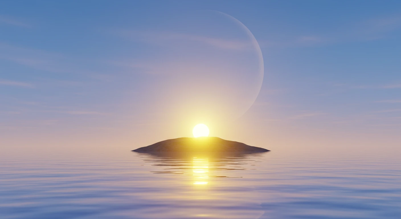 Serene sunset over calm water with a peaceful island silhouette