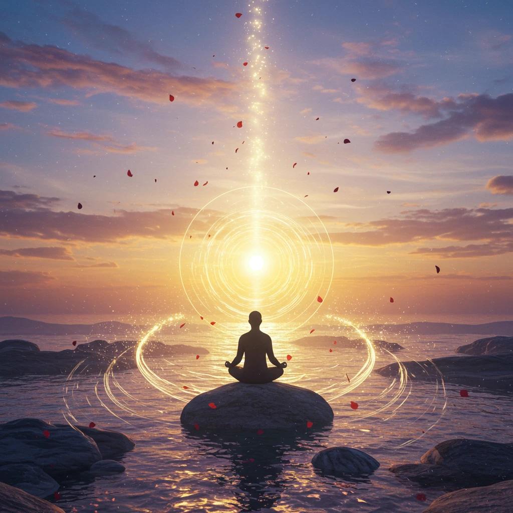 Person meditating at sunset with golden energy circles and rose petals floating in the air